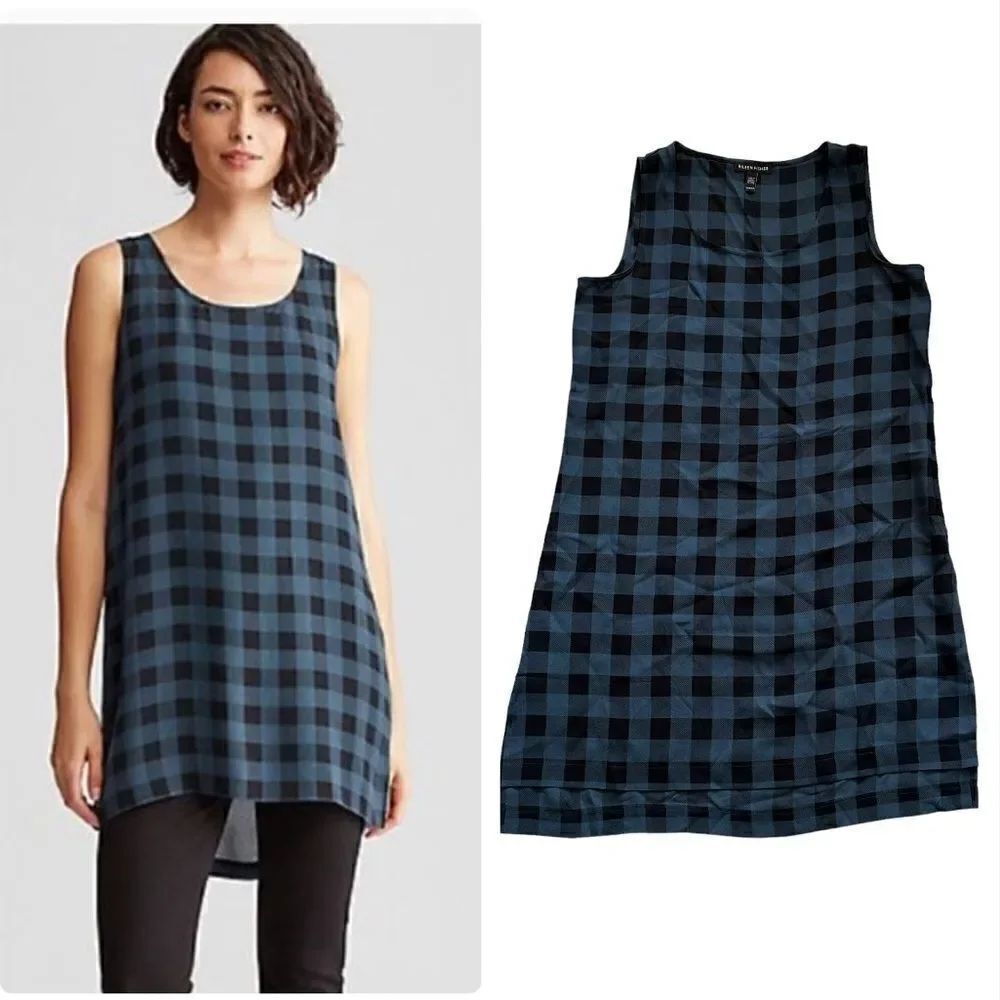 EILEEN FISHER Silk Plaid Tunic Blouse XXS